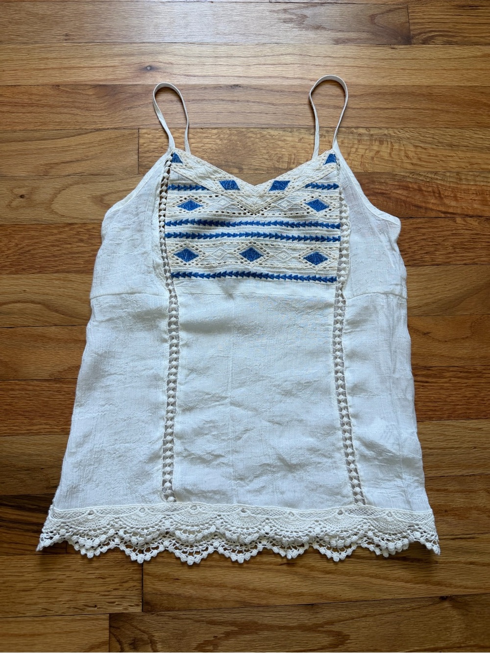 Maurices White Cami with Blue Embroidered Yoke and Lace Trim